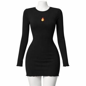 Polly & Esther Black Ribbed Flame Bodycon Mini Dress Size S Y2K